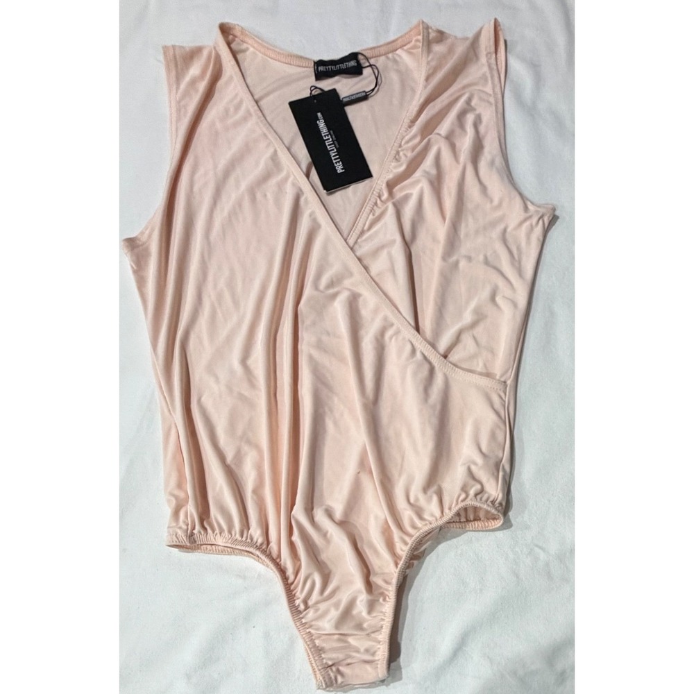 PrettyLittleThing Peach Sleeveless Wrap‎ V-Neck Bodysuit NWT Size 14 UK